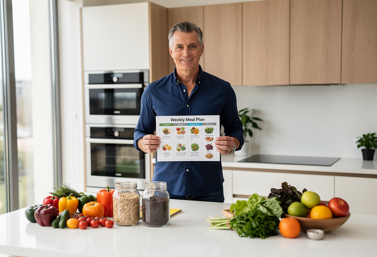 Middle-aged woman in her late 40s with shoulder-length brown hair, wearing a light green cardigan, sitting at a modern kitchen counter with fresh vegetables, fruits and a meal planning notebook spread in front of her, smiling warmly while looking at colorful healthy food ingredients including leafy greens, bell peppers, and seasonal fruits, natural lighting from large window creating a welcoming atmosphere for healthy meal preparation