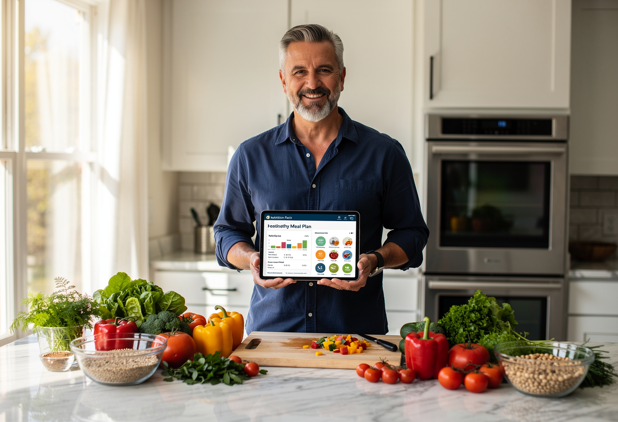Confident man in his early 50s with salt-and-pepper hair and beard, wearing a casual navy blue shirt, standing in a bright modern kitchen with fresh produce and healthy meal ingredients arranged on marble countertop, holding a tablet displaying nutrition information, warm natural lighting creating an inviting atmosphere for healthy cooking and meal planning